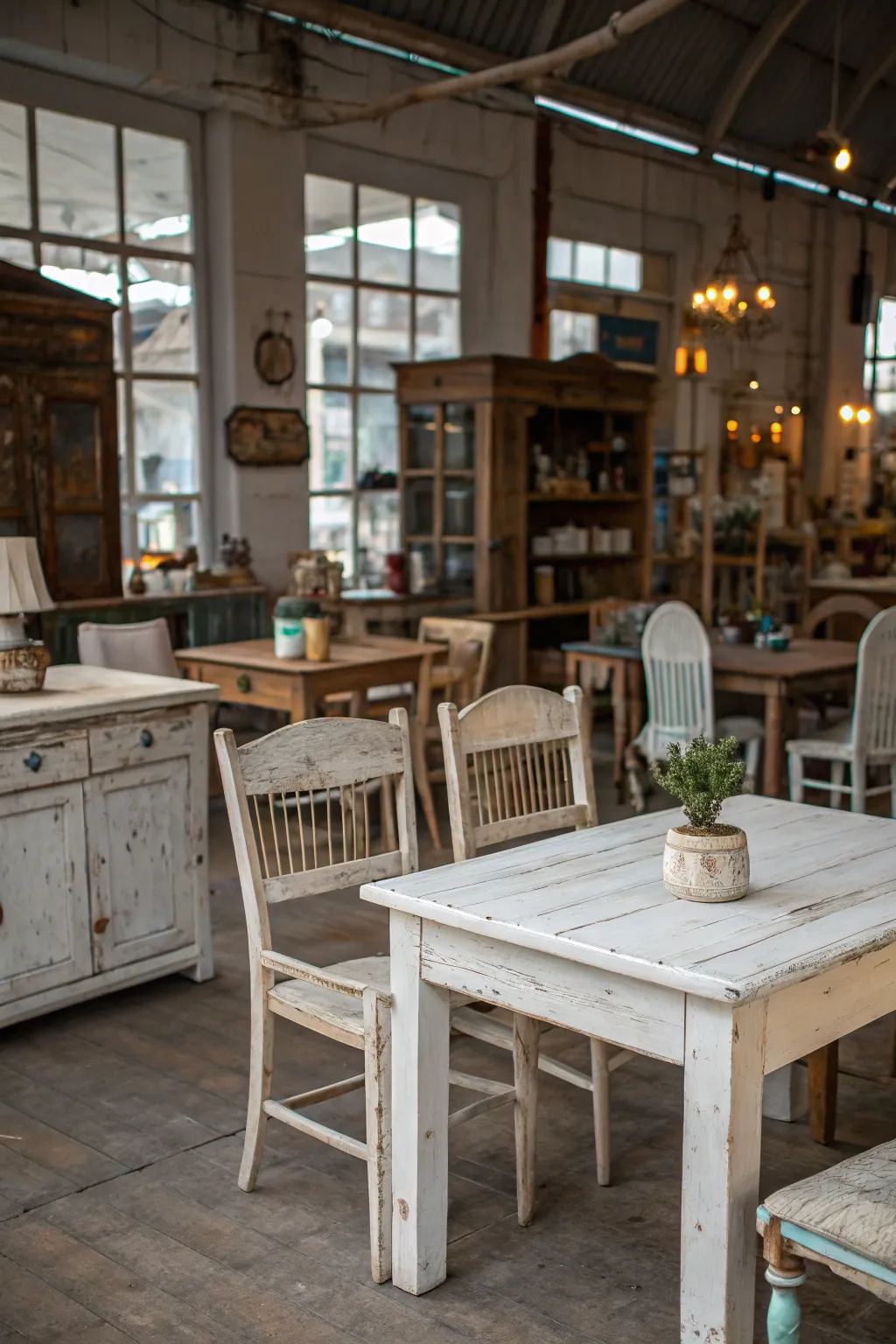 Whitewashed wooden furniture in a vintage store.