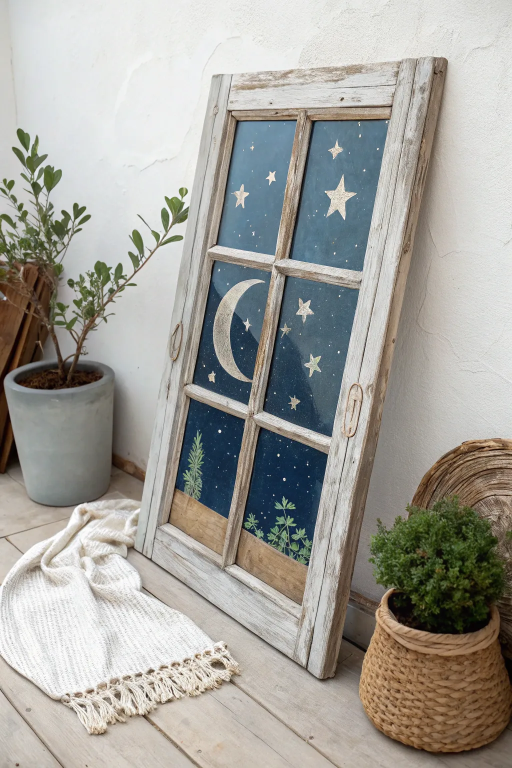 Transform your space with a starry night sky painted on an old window, where craftsmanship meets minimalist beauty.