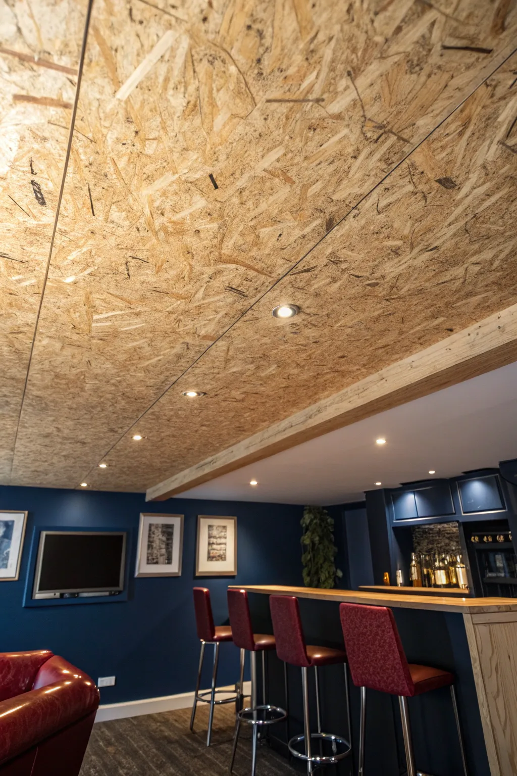 Elevate your urban space with the bold texture and modern flair of an OSB ceiling.