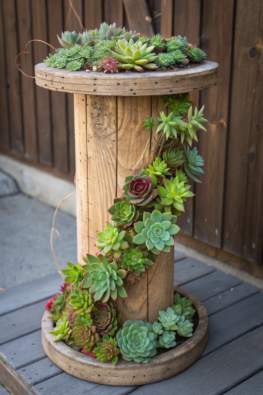 Transform your space with a stunning vertical succulent garden on a cable spool—where nature meets craftsmanship.