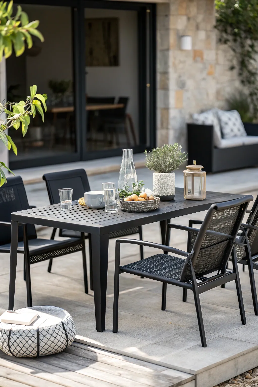 Sleek and modern with all-black furniture.