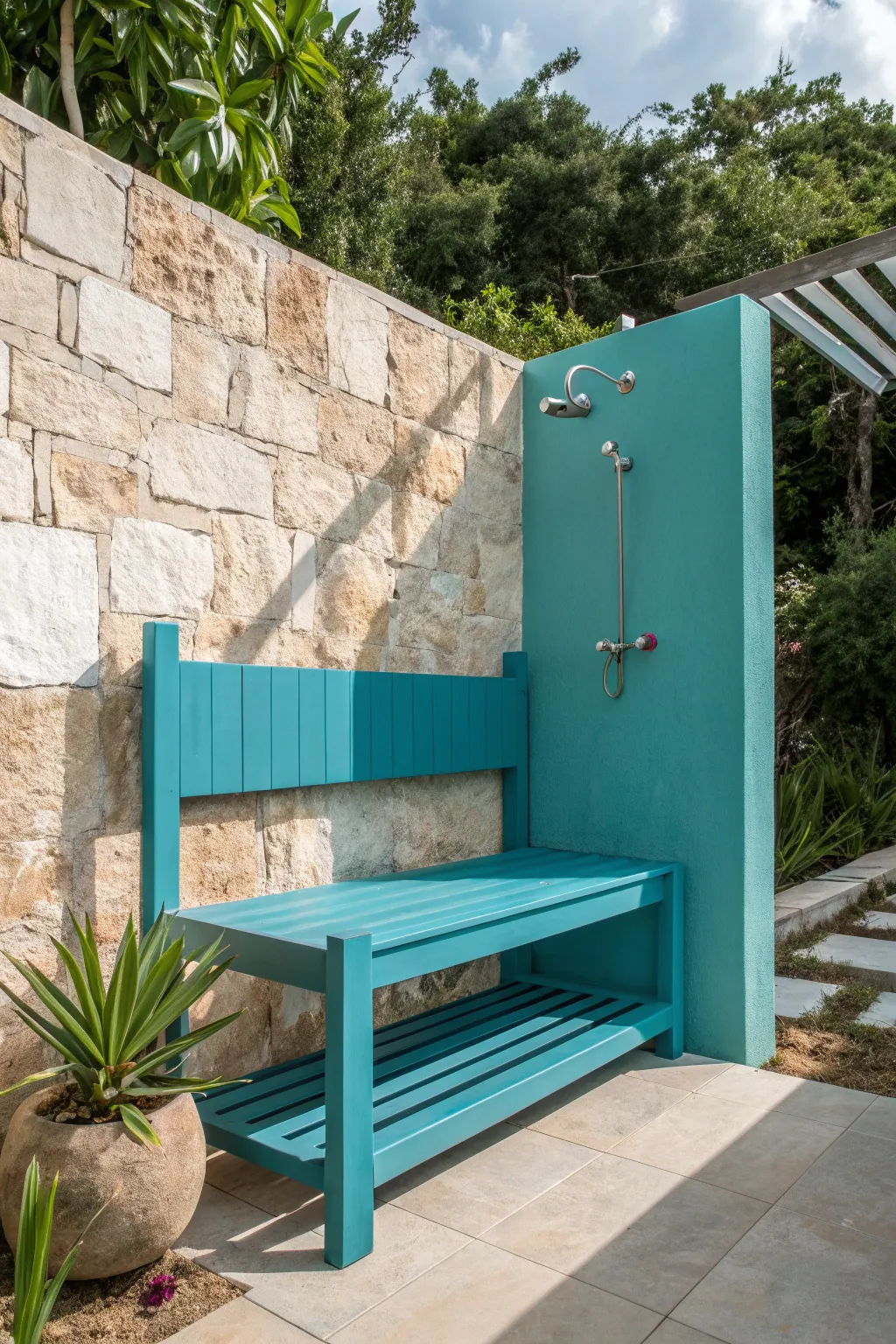 Transform your outdoor oasis with a bold color pop! This vibrant turquoise bench adds a cheerful touch to a minimalist shower retreat.