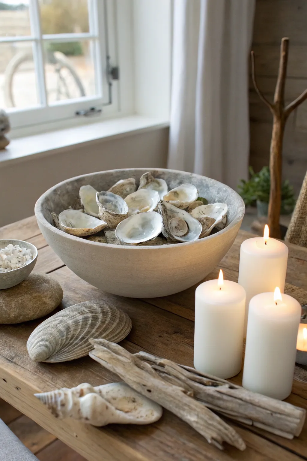 Elevate your table setting with this stunning oyster shell centerpiece, blending Scandinavian simplicity with coastal elegance.