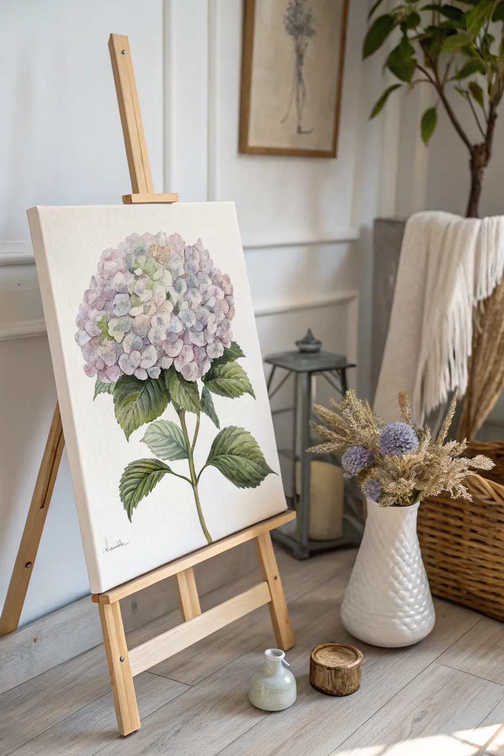 Embrace elegance with a pastel hydrangea masterpiece, perfect for serene spaces.
