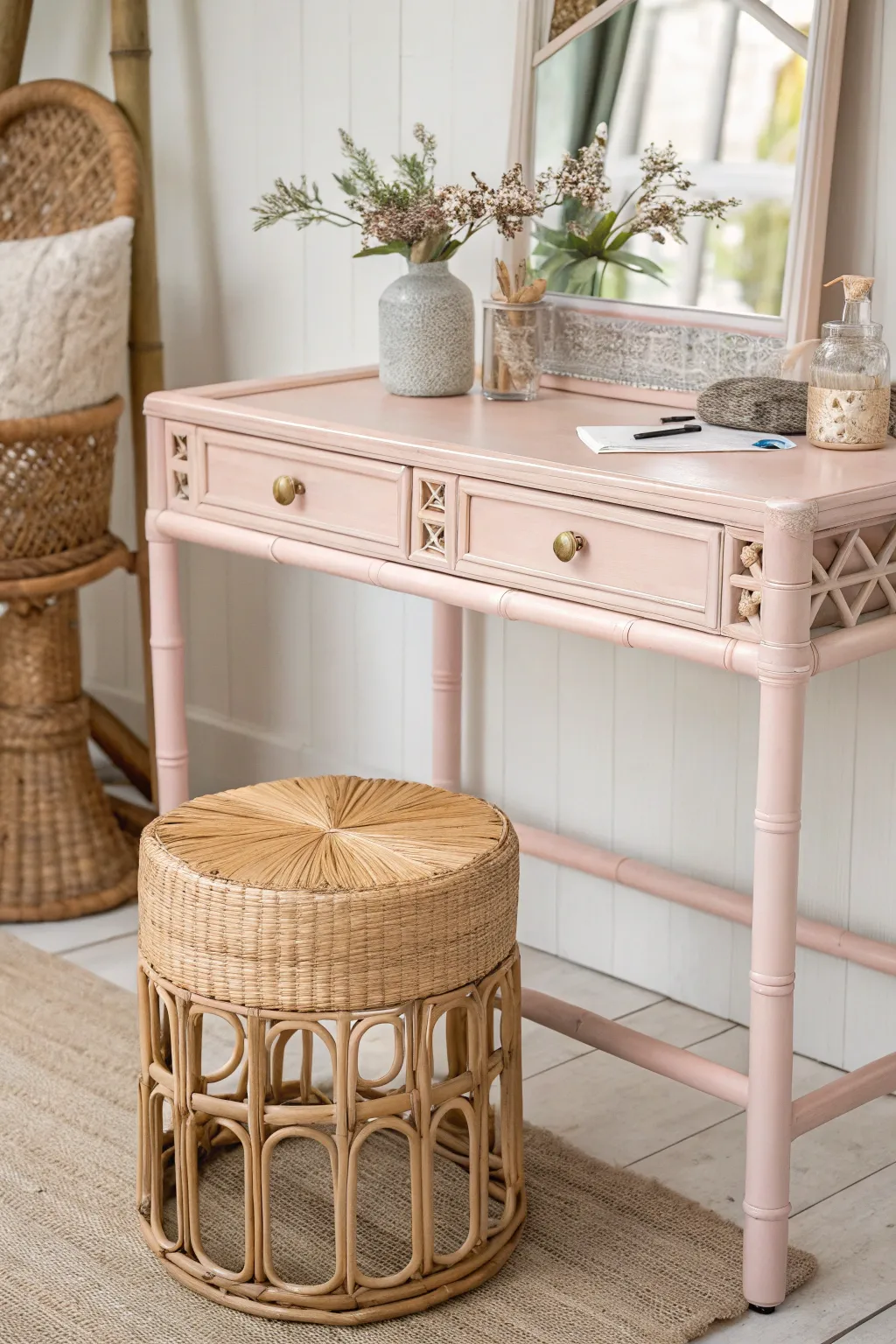Transform your space with this dreamy blush pink bamboo vanity table, where craftsmanship meets minimalism.