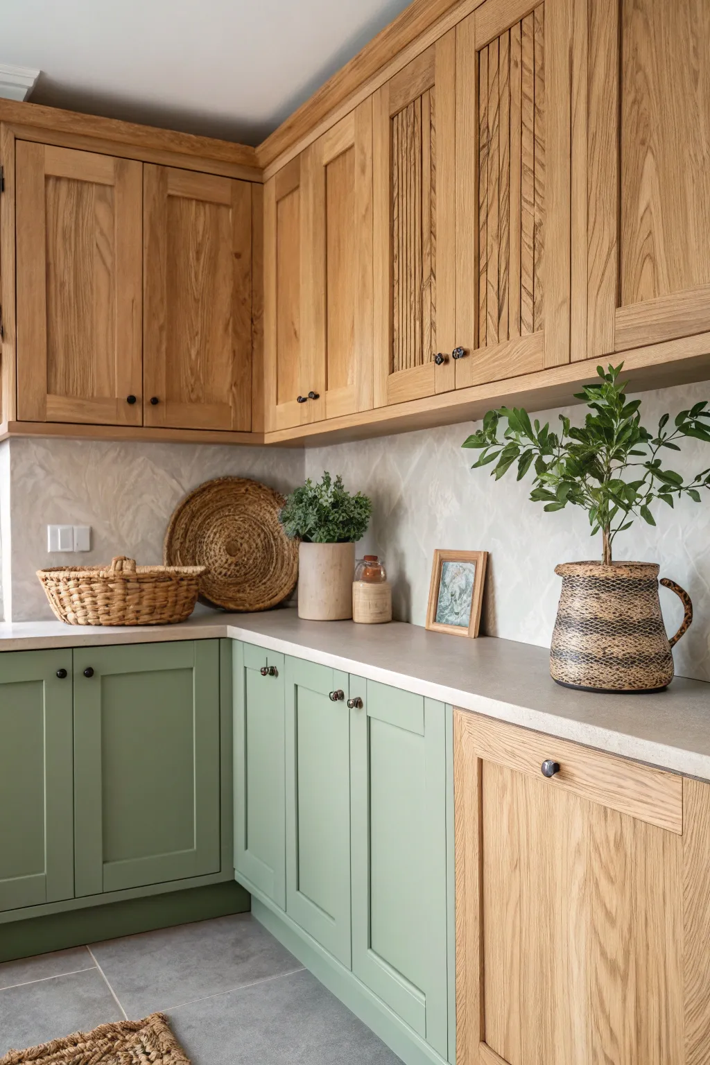 Elevate your kitchen with the perfect blend of natural wood and painted elegance for a modern rustic charm.