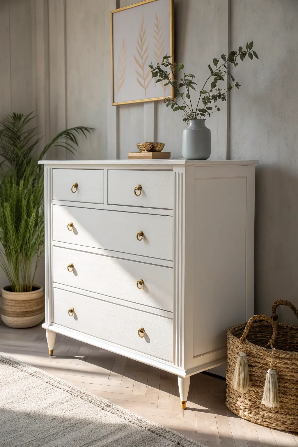 Elevate your space with the subtle elegance of gold accents on a minimalist chest of drawers.