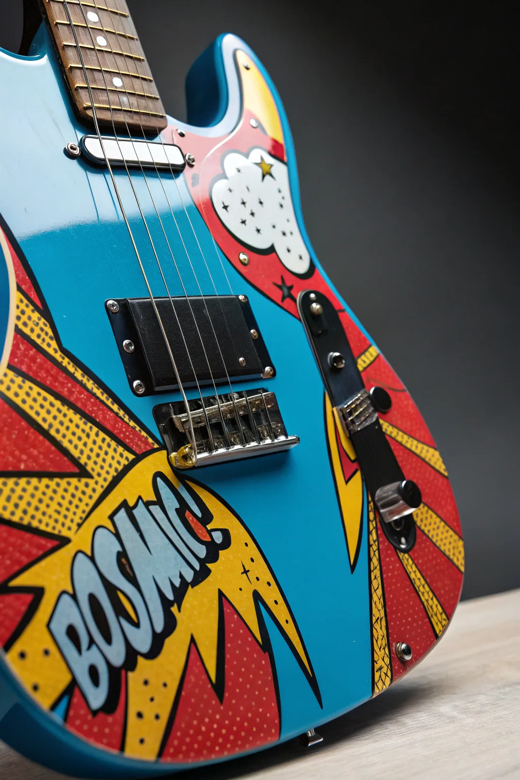 Strum in style with this bold pop art guitar design that turns every chord into a masterpiece.