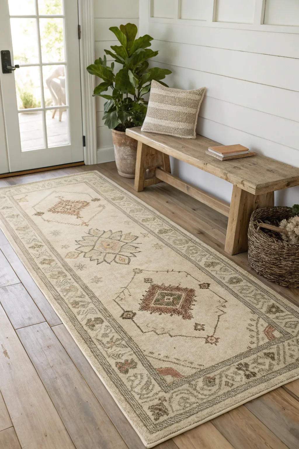 Elevate your entryway with a touch of history and charm. Discover the beauty of vintage revival with a handcrafted, painted rug design.