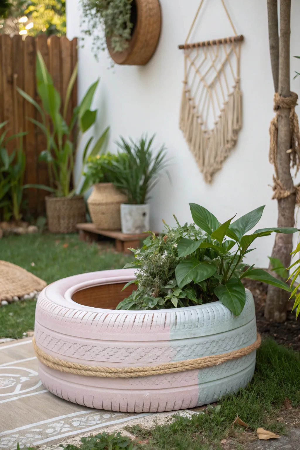 Elevate your garden with a touch of rustic elegance using a painted tire planter wrapped in natural rope.