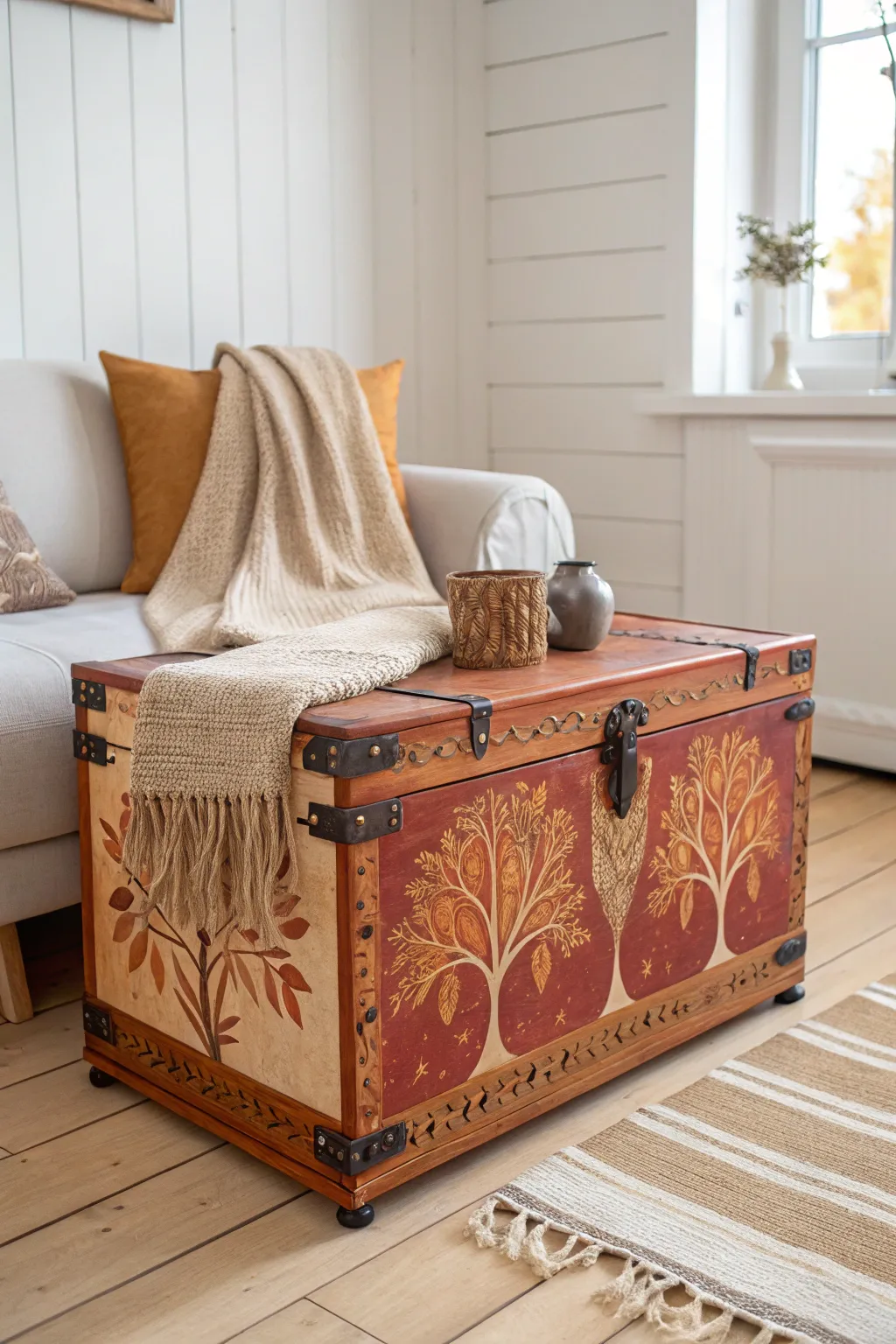 Transform your space with a seasonal touch—this painted trunk is a masterpiece of craftsmanship and natural beauty.