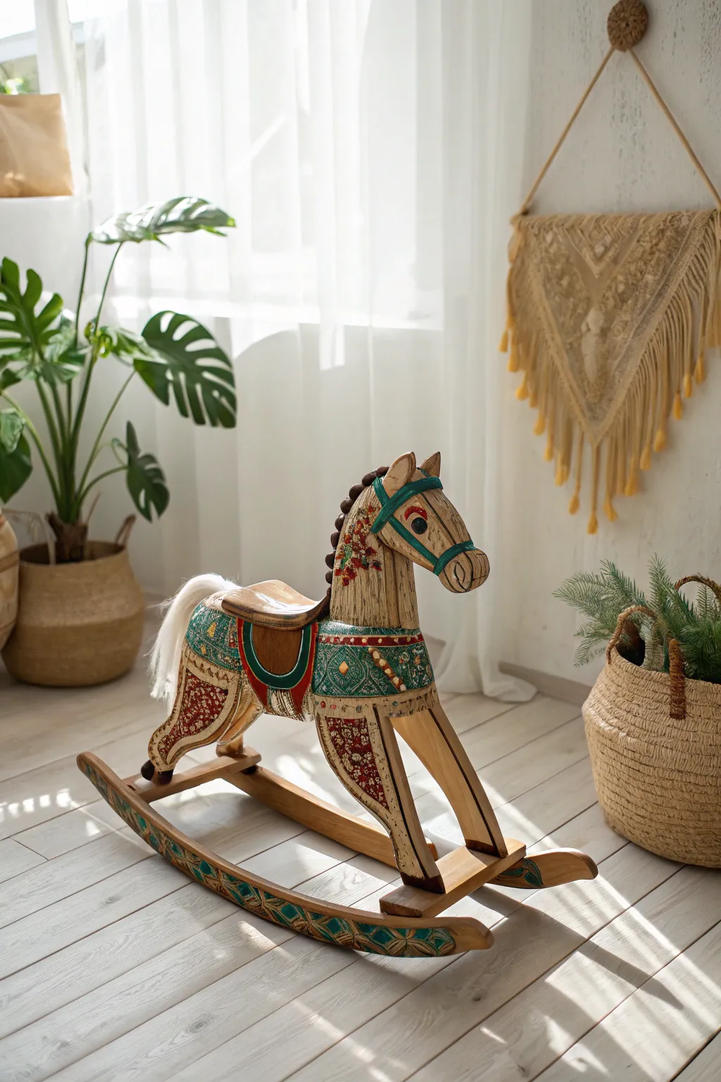Embrace the carefree spirit with this bohemian-inspired rocking horse, a perfect blend of artistry and simplicity.
