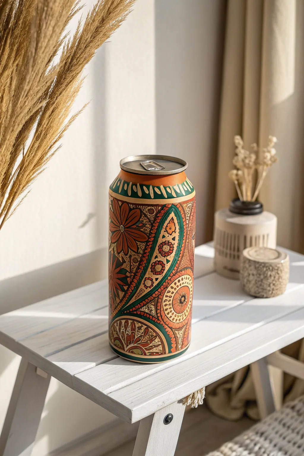 Transform your space with this boho chic painted can—where art meets conversation.