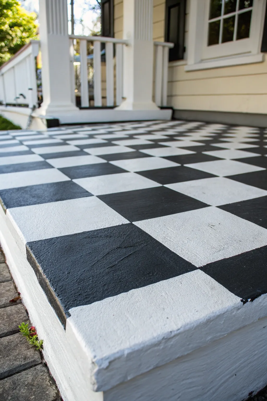 Elevate your porch with timeless checkerboard elegance.