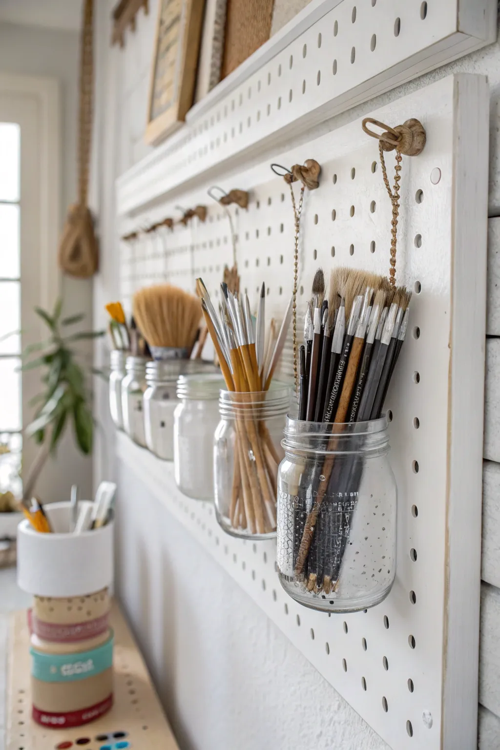 Elevate your studio with chic and functional DIY storage: Mason jars meet minimalist elegance!