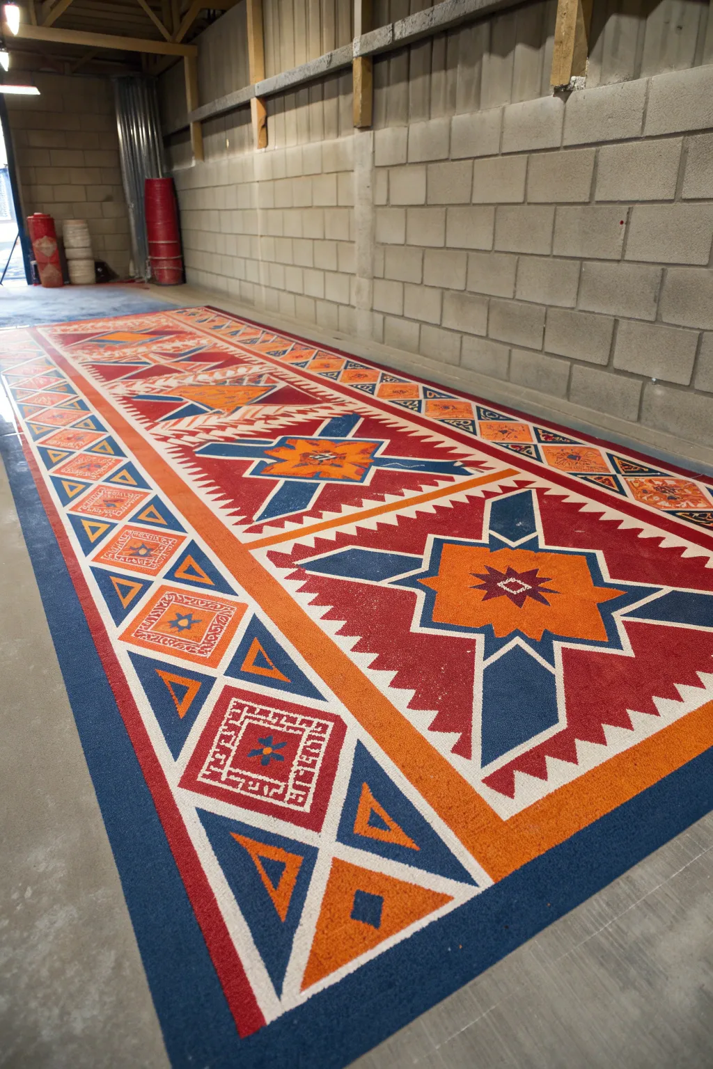 Transform your unfinished basement with bold painted rugs that define spaces with style and craftsmanship.