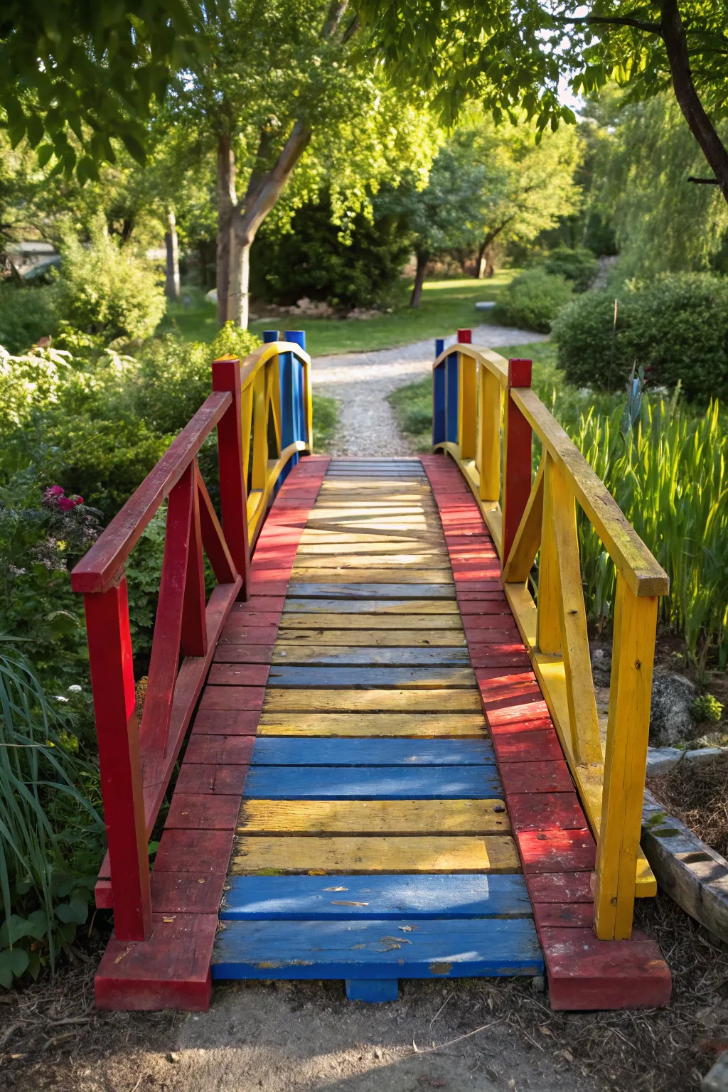 Transform your garden with a splash of color and craftsmanship: a vibrant pallet bridge as your bold statement piece.