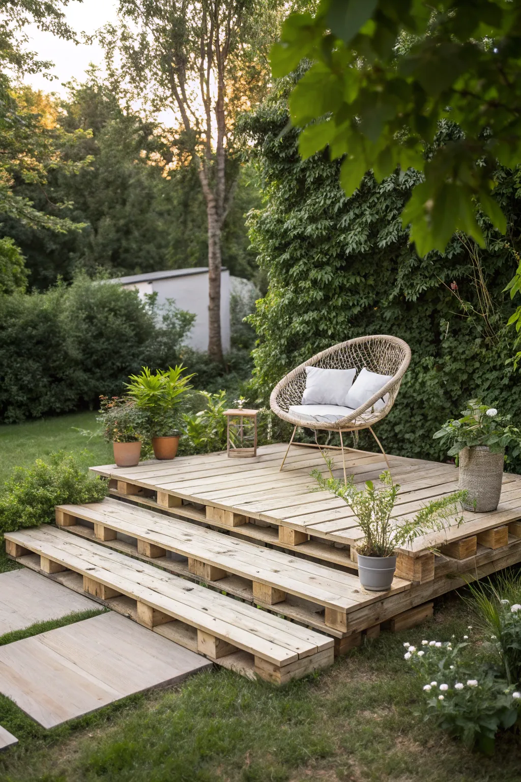 Transform your backyard into a serene oasis with this elegant pallet deck, where simplicity meets natural beauty.