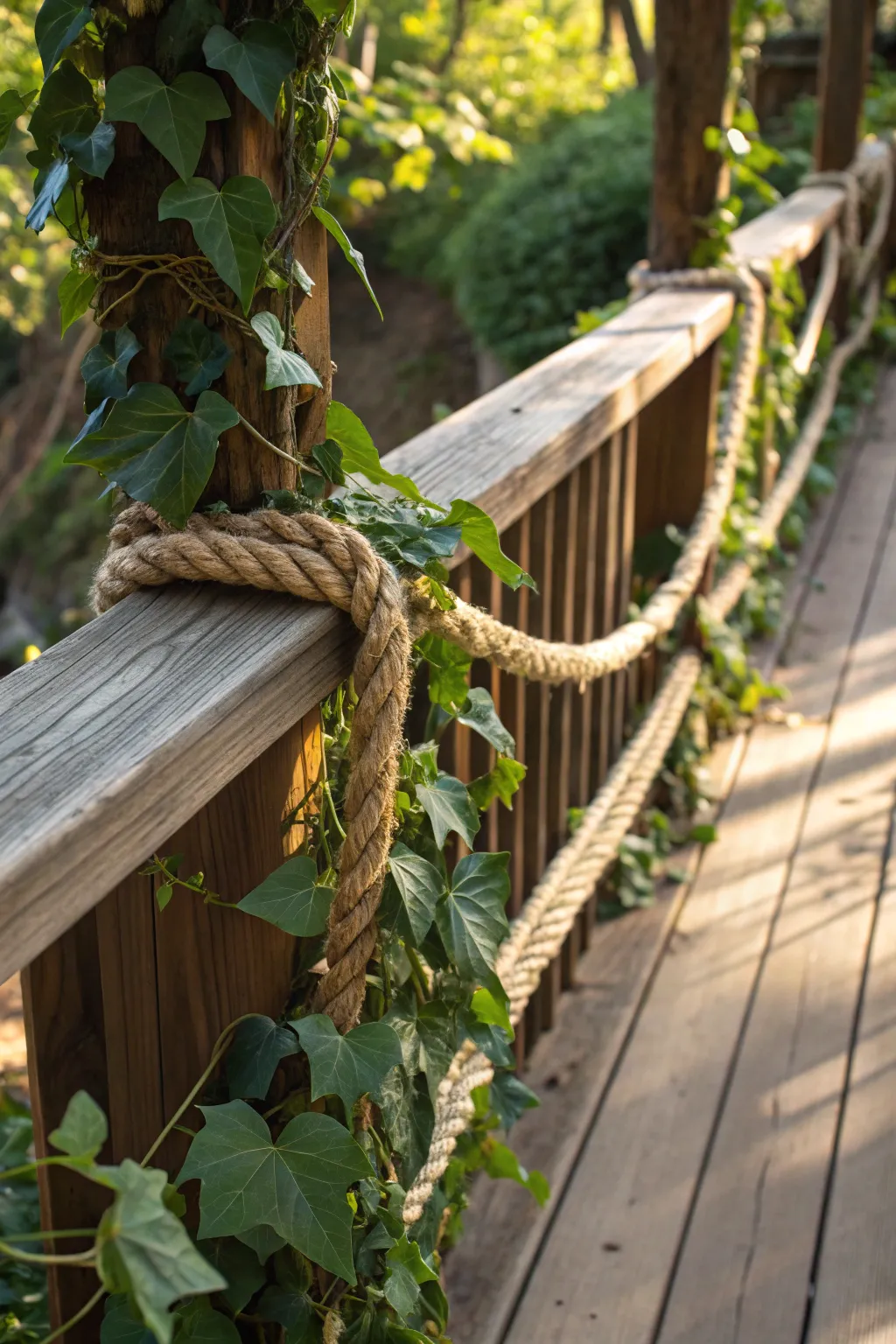 Transform your deck into a secret garden with twine-wrapped railings and lush greenery.