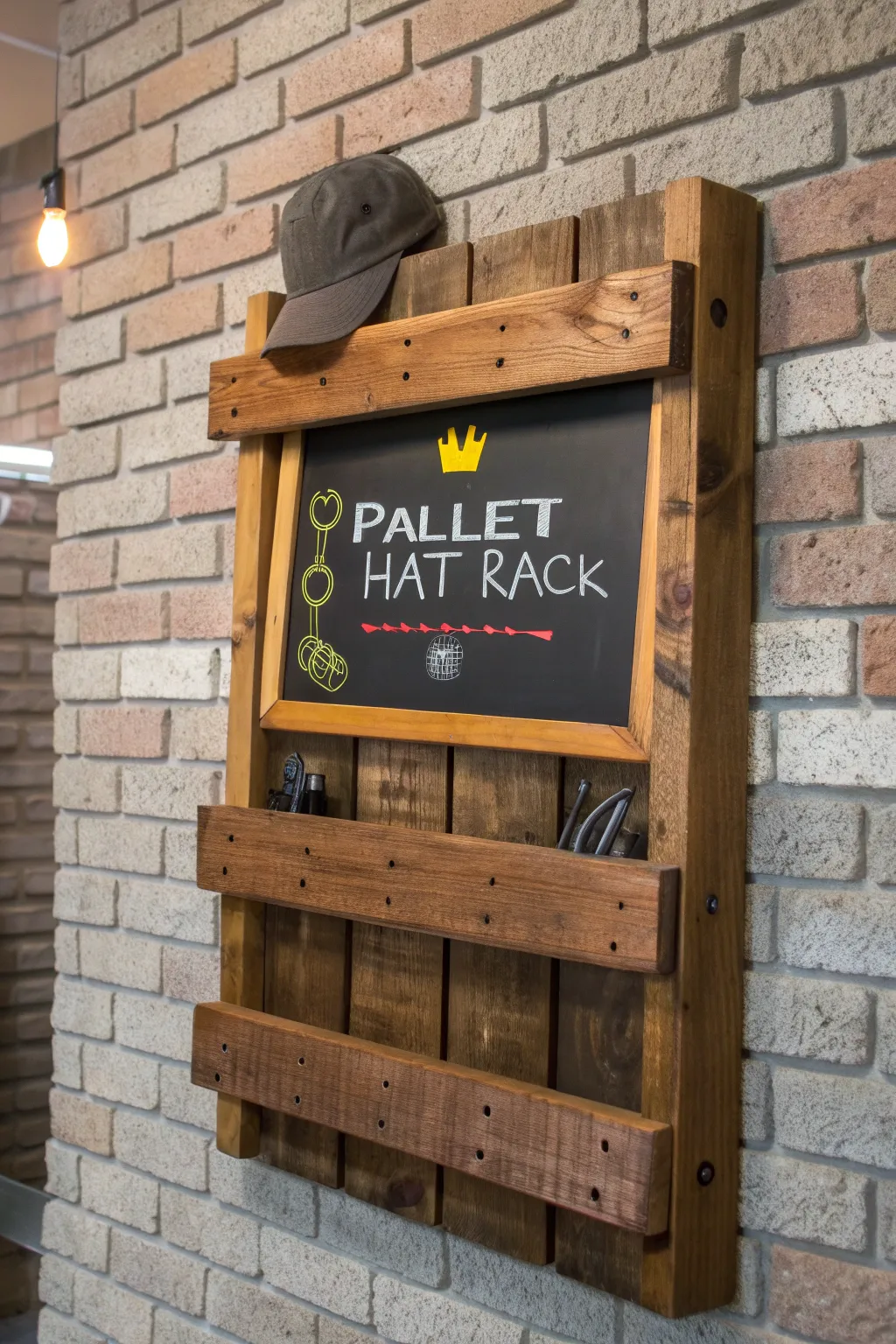 Elevate your entryway with a handcrafted pallet hat rack, complete with a playful chalkboard for your notes and doodles.