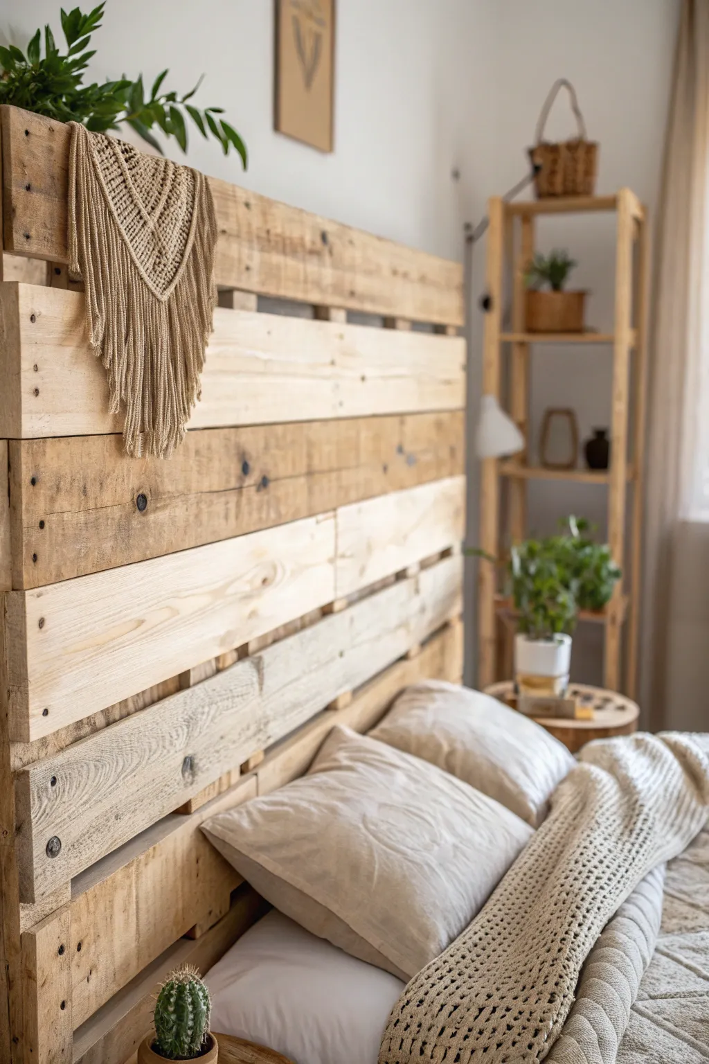 Discover the art of texture and dimension with this stunning pallet headboard that transforms any room into a cozy retreat.