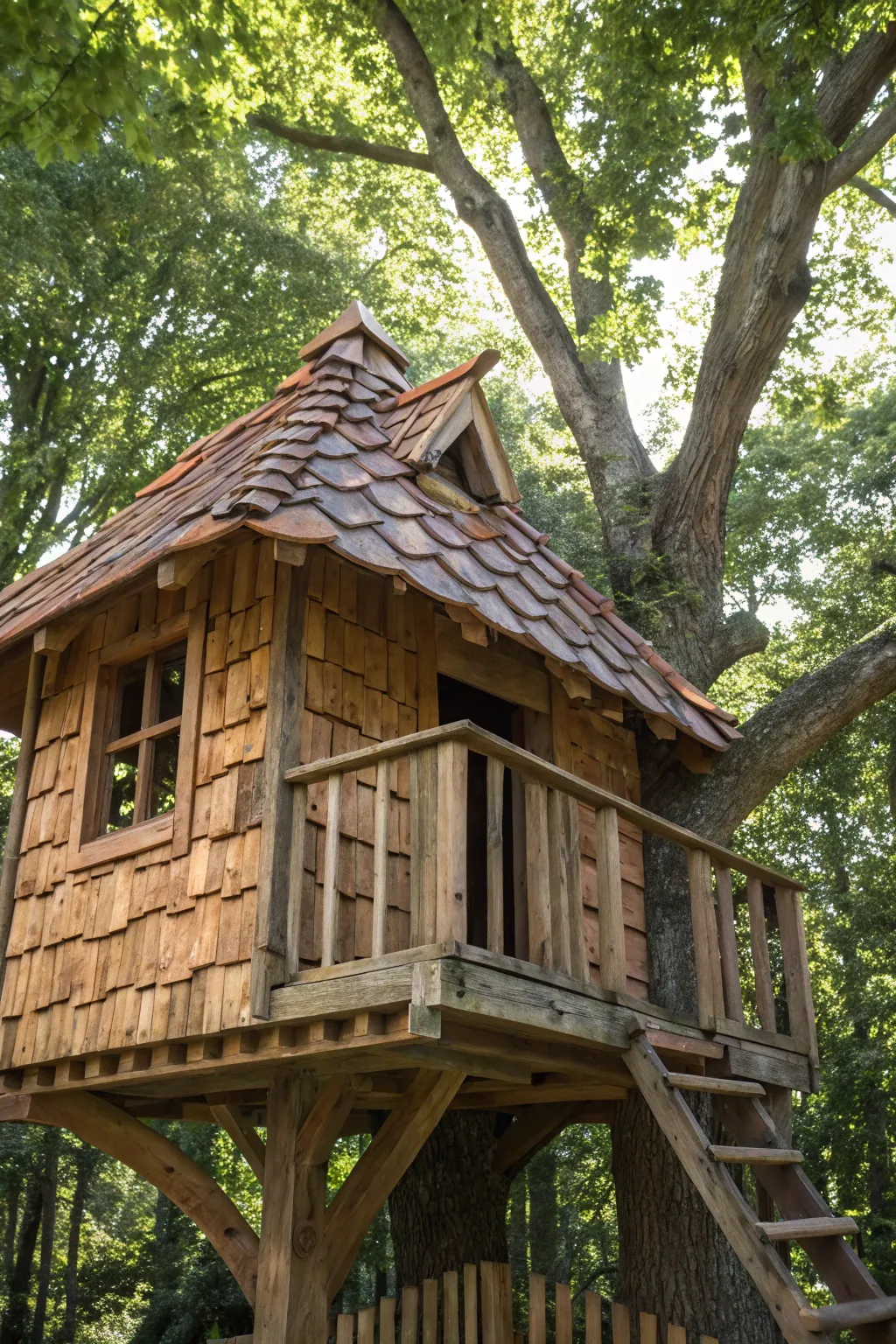 Unlock your inner child with a charming pallet-roofed treehouse—a haven for imagination.