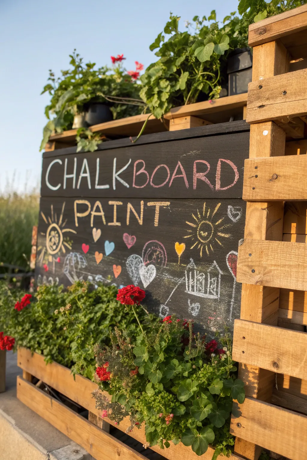 Unlock creativity and fun with a bold chalkboard pallet wall—perfect for notes, menus, and playful scribbles.