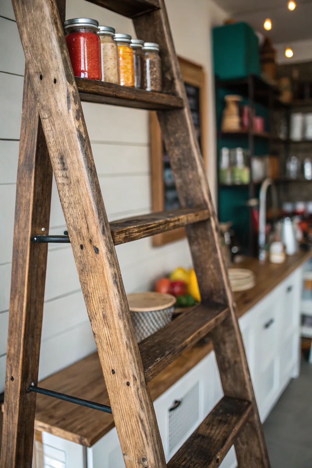 Transform your pantry with character: Repurpose old ladders into unique shelf supports.