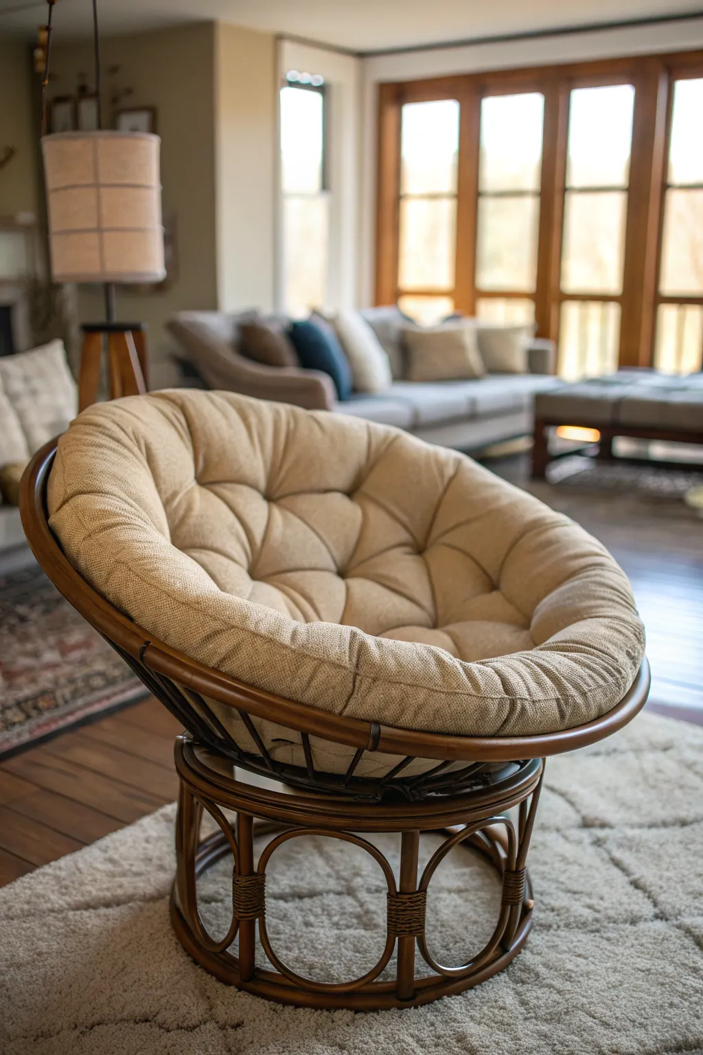 Papasan chairs define cozy spots in open spaces.
