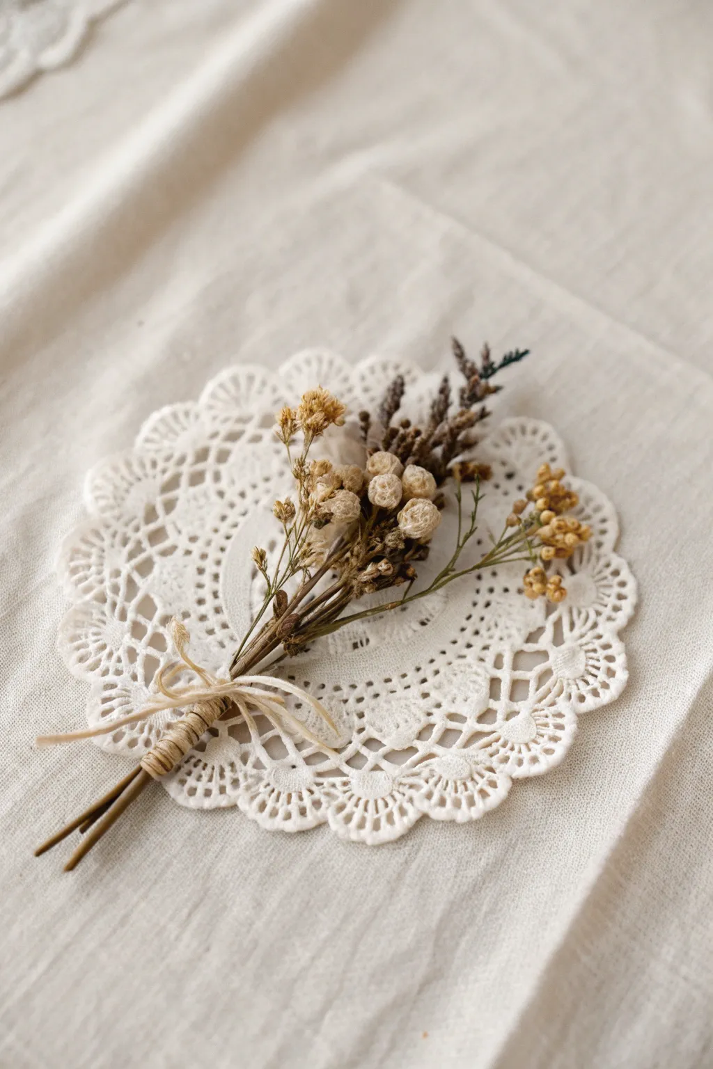 Embrace elegance with a handcrafted doily boutonnière, perfect for a minimalist wedding touch.