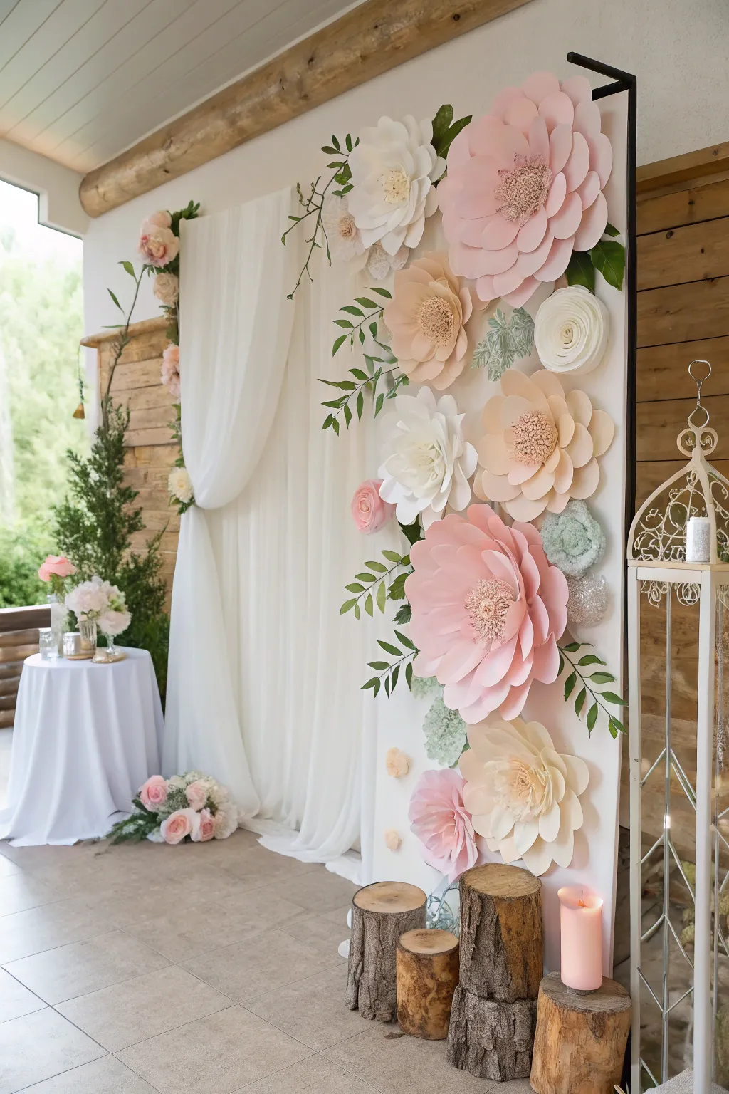 Elevate your space with a stunning blend of paper flowers, wood, and fabric for a backdrop that's uniquely yours.
