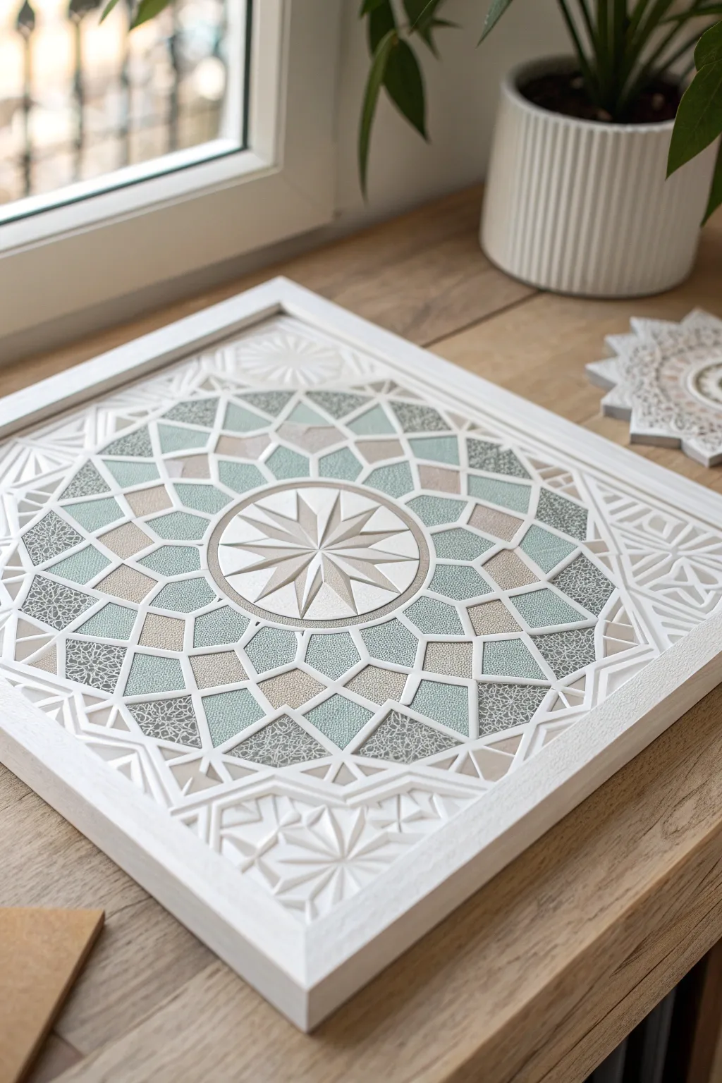 Discover the art of monochrome magic with this elegant paper mosaic, where simplicity and craftsmanship meet in perfect harmony.