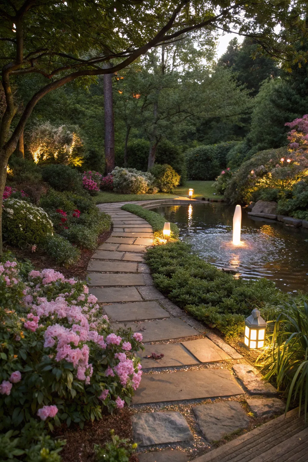 Lighting brings water features to life, adding a magical touch to pathways.