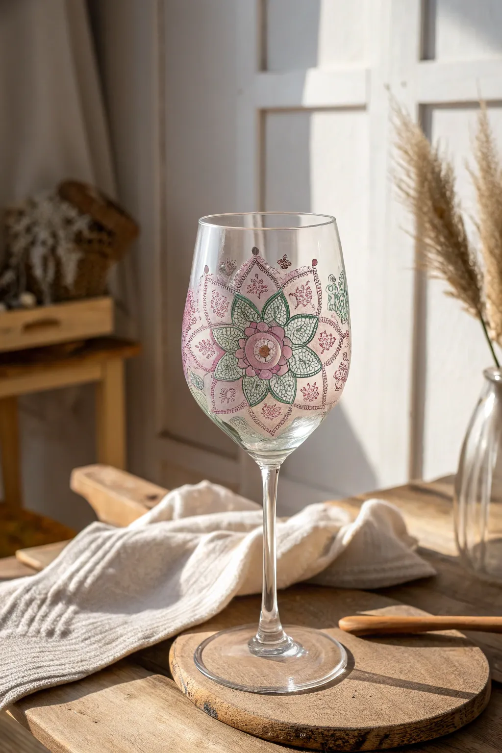 Sip serenity: Elevate your wine experience with the calming allure of hand-painted mandala designs.