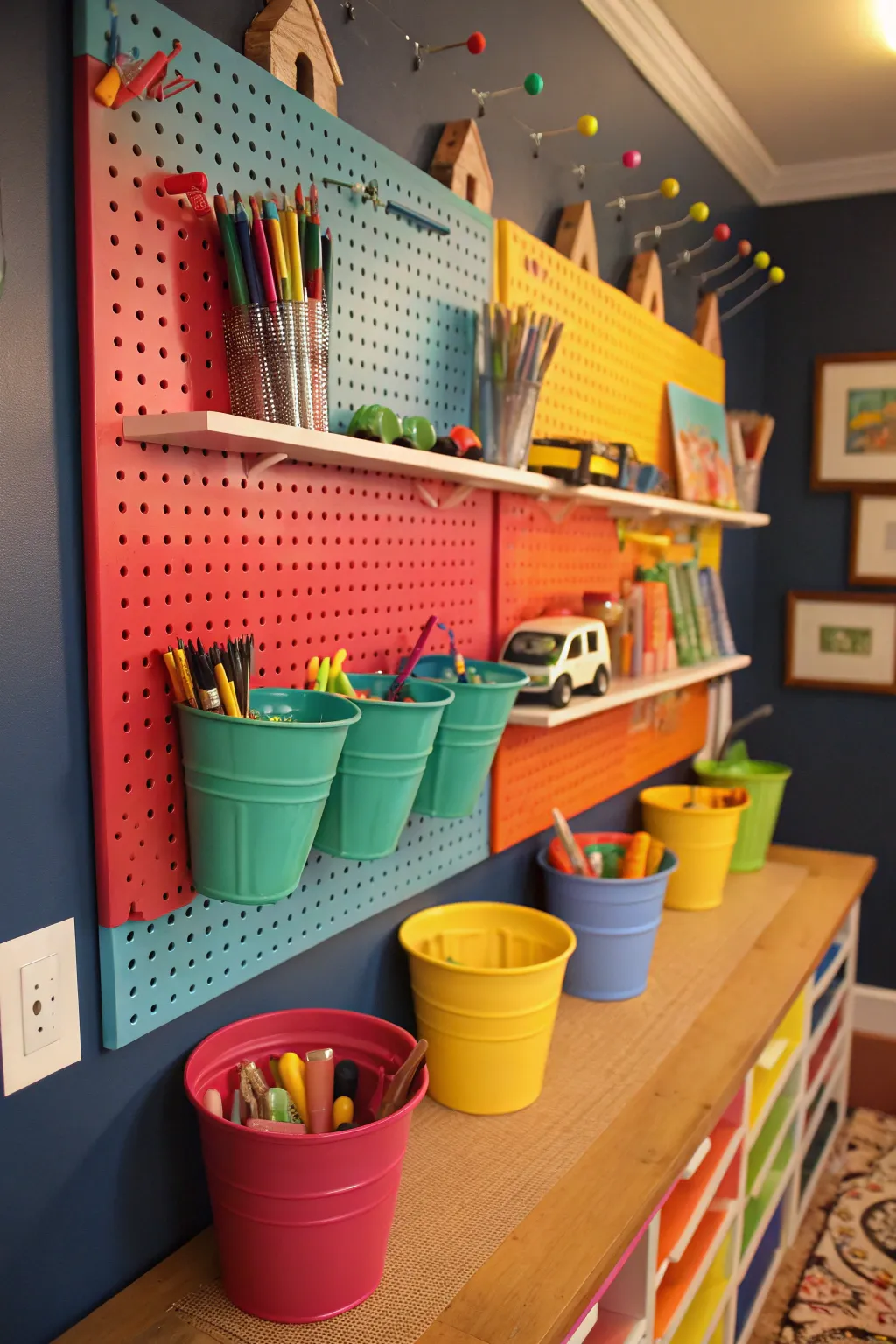 Unleash creativity with an organized and colorful pegboard station for kids.