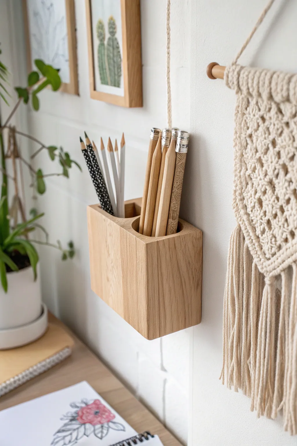 Elevate your workspace with a chic floating pencil holder, where minimalist design meets boho charm.