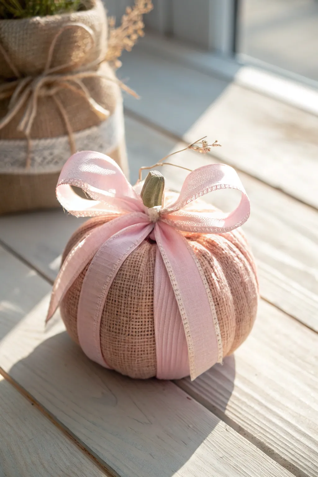 Embrace the rustic elegance of autumn with a charming pink pumpkin wrapped in cozy burlap and ribbons. 🍂🎀 #RusticRibbonWraps #AutumnDecor