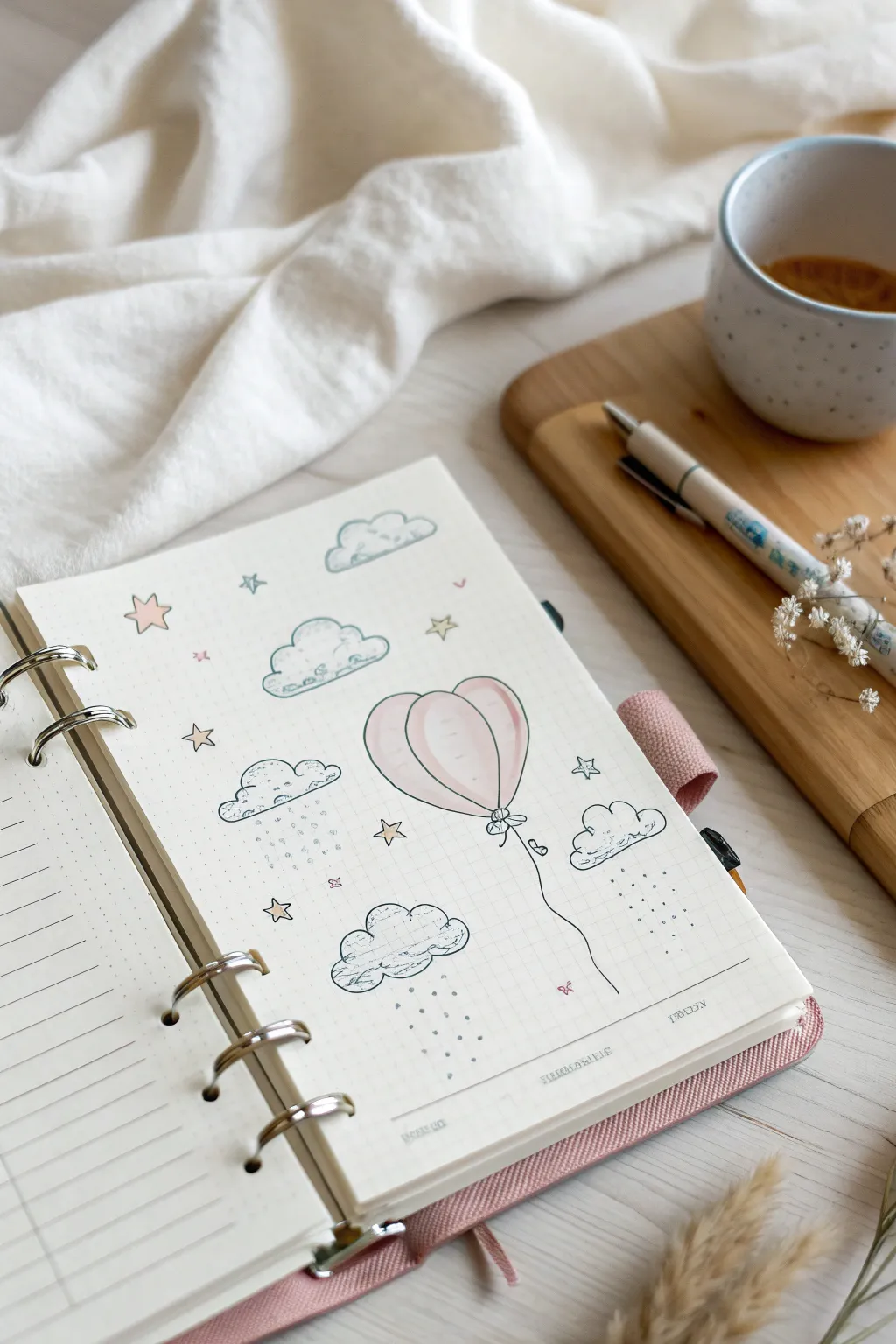 Capture your dreams with whimsical clouds and balloons – a planner page where aspirations take flight.