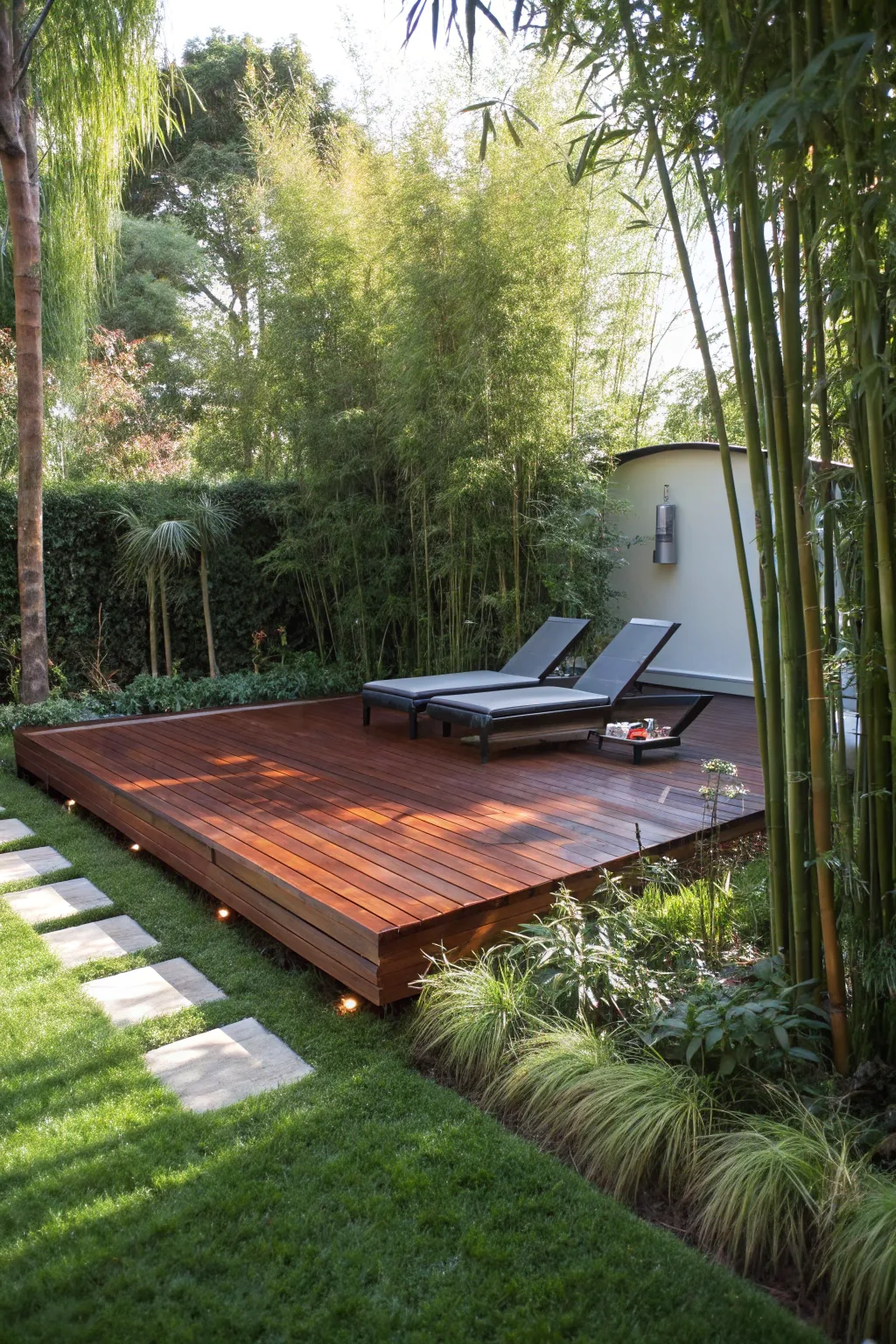 Elevate your outdoor space with a stunning floating deck illusion, where modern design meets natural beauty.
