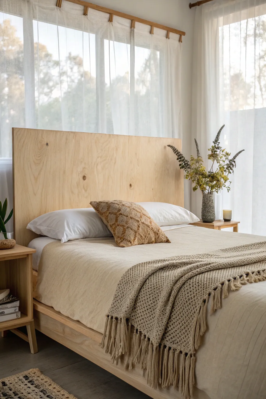Rustic Meets Modern: A minimalist plywood headboard with a touch of boho charm.
