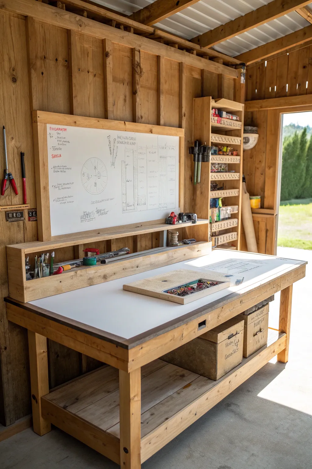 Elevate your planning game with a workbench that doubles as a whiteboard, perfect for the meticulous craftsman.