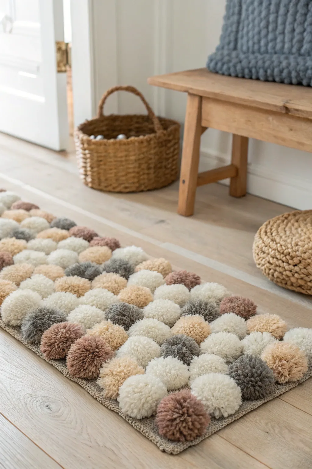 Welcome warmth: A pom pom rug that greets with Scandinavian charm.