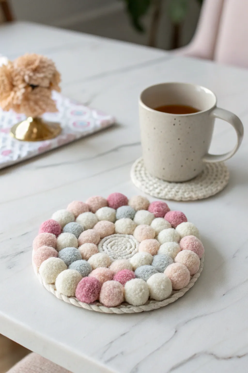 Elevate your table decor with these charming pastel pom pom coasters, the perfect blend of functionality and style.