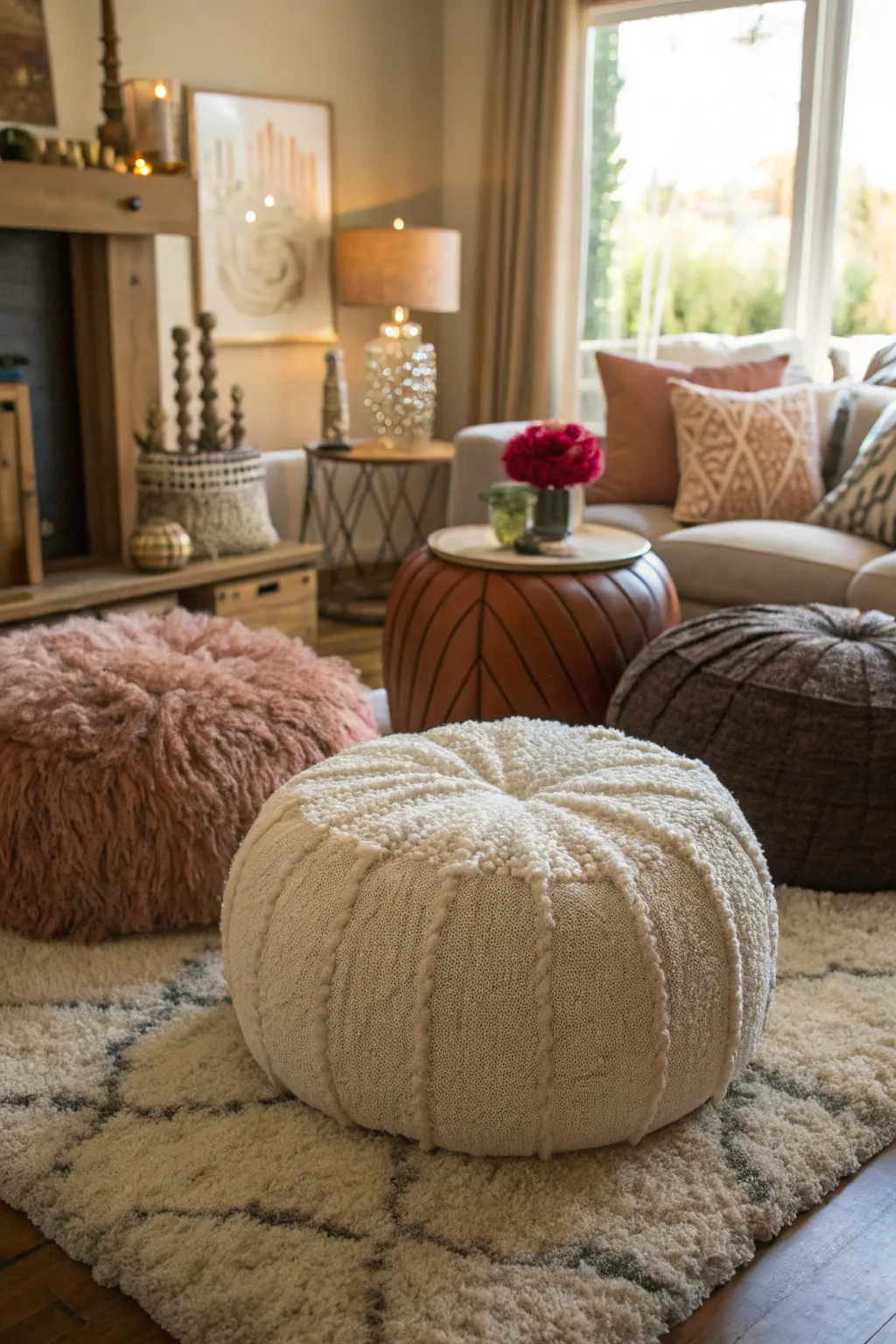 Textural poofs enhance the visual interest of this room.