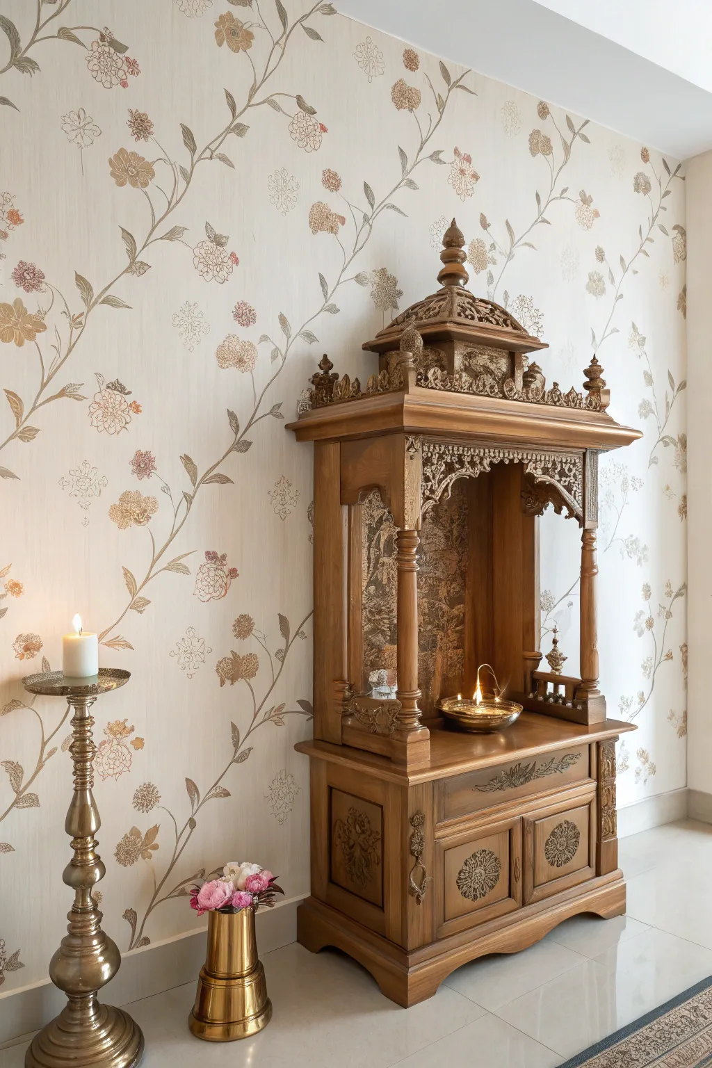 Transform your sacred space with the elegance of floral wallpaper, blending simplicity and natural beauty for a serene mandir setting.