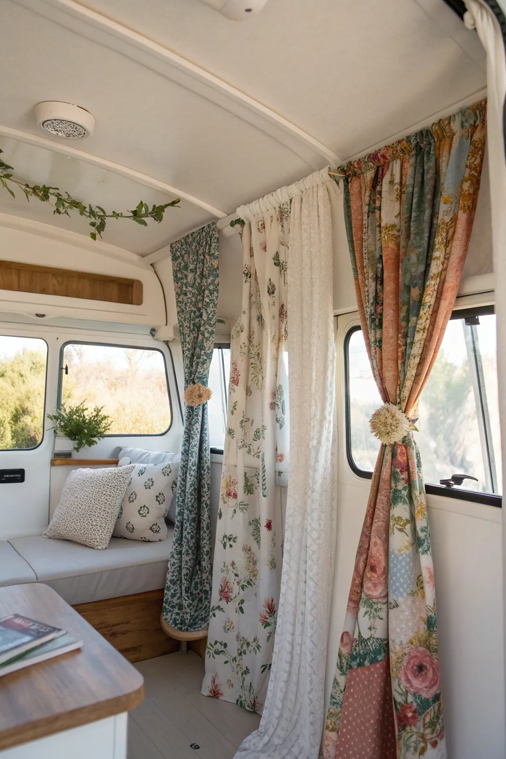 Transform your camper with upcycled scarf curtains for a touch of bohemian elegance.