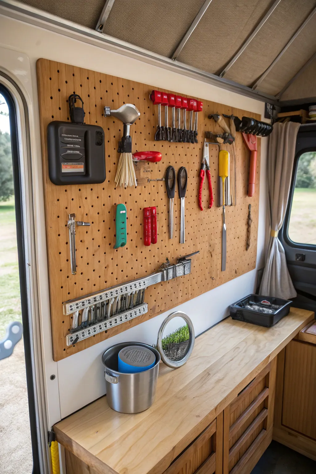 Transform your camper space with a DIY Pegboard Organizer – where craftsmanship meets functionality!