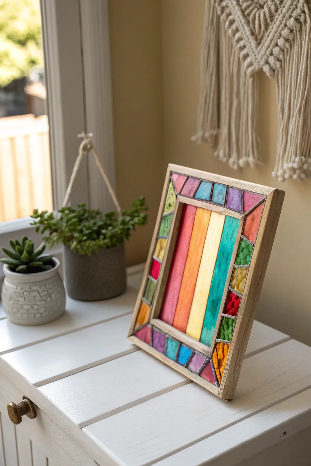 Transform your space with a DIY stained glass popsicle stick frame—where simplicity meets vibrant beauty.