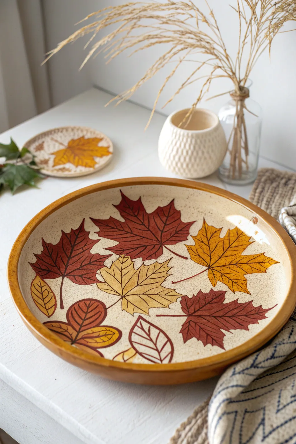 Embrace the beauty of autumn with this artfully crafted pottery platter, perfect for adding warmth to your festive table.