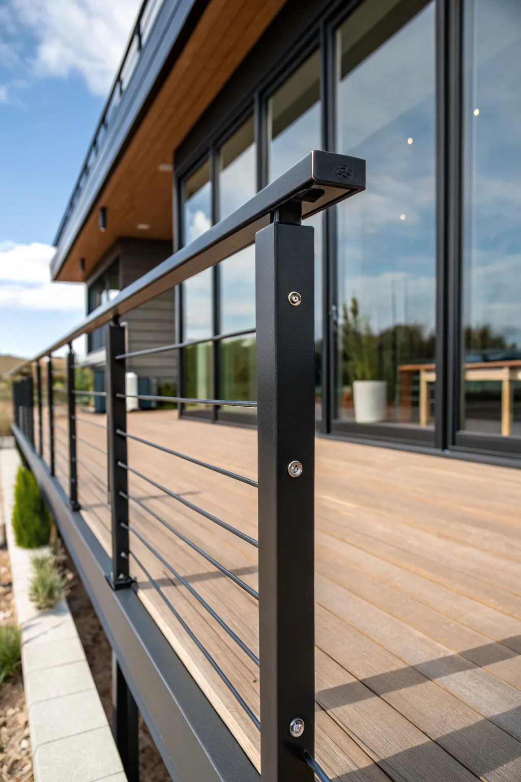 Elevate your outdoor space with sleek, minimalist metal railings that blend form and function seamlessly.